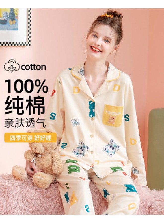 Fenton women's Pajama Set - 100% Cotton Cartoon Collar Open-front Loungewear For Spring/autumn - Image 1