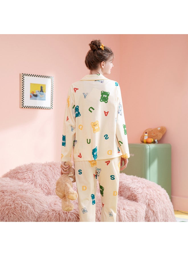 Fenton women's Pajama Set - 100% Cotton Cartoon Collar Open-front Loungewear For Spring/autumn - Image 3