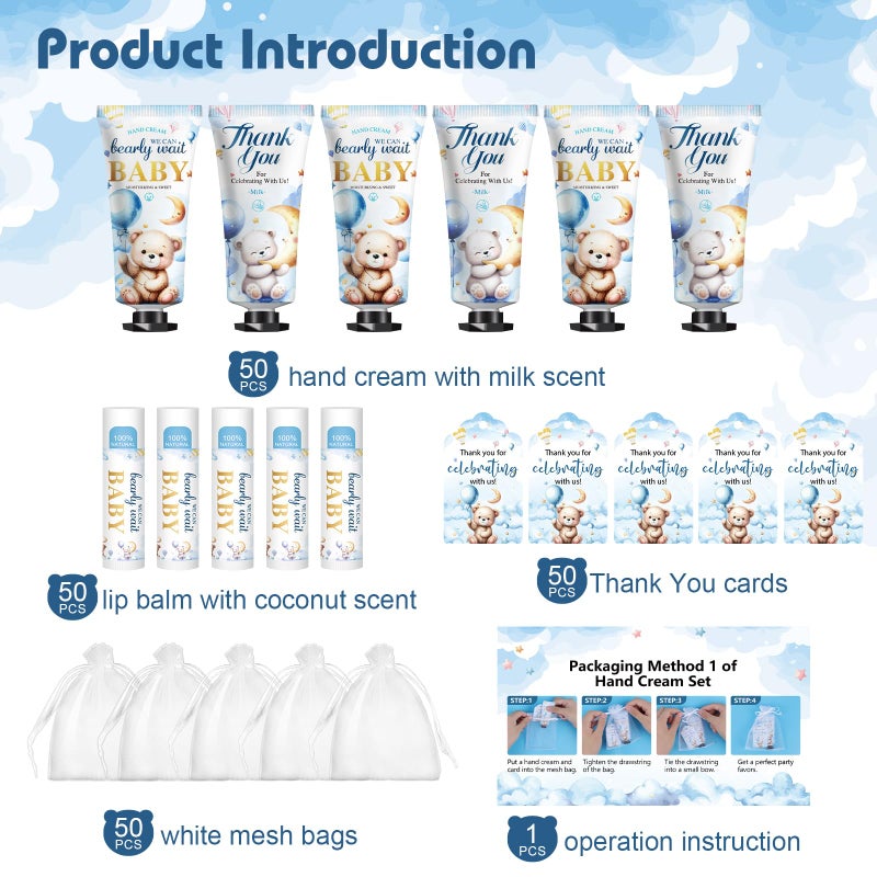 KONEUK 50 Pack Lip Balm and Hand Cream Bulk Gifts Sets, Baby Shower Party Favors and Bridal Shower Favors for Guests with Thank You Card and Organza Gift Bags, Thank You Gifts Bulk, Baby Shower Prizes (Bear) - Image 2