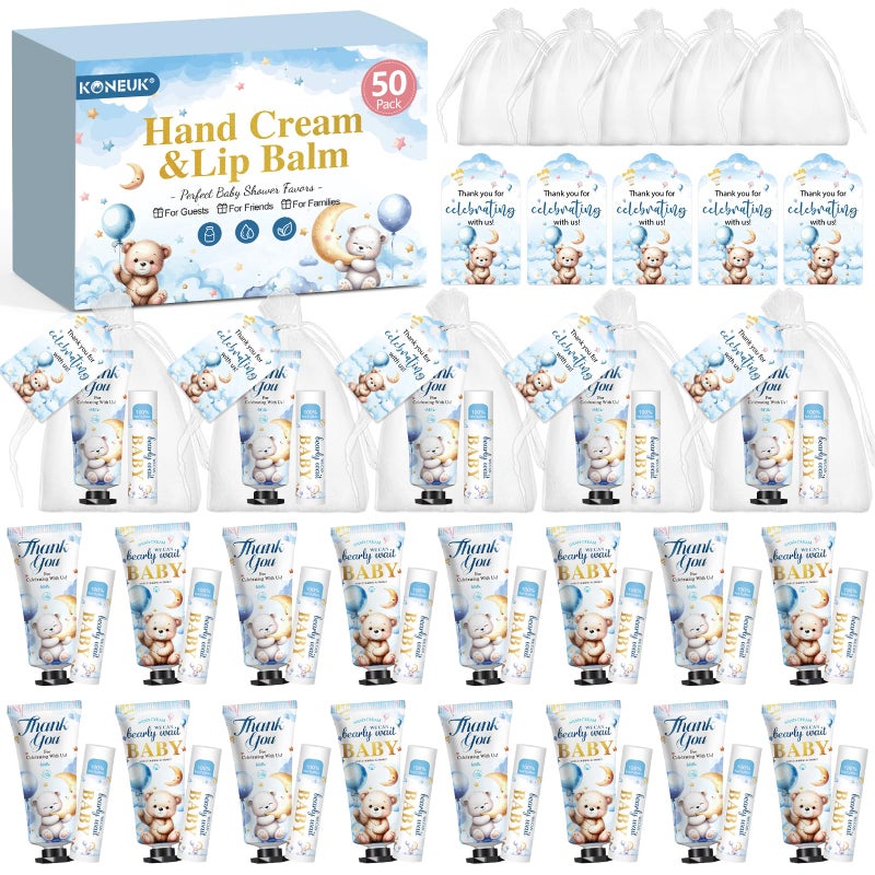 KONEUK 50 Pack Lip Balm and Hand Cream Bulk Gifts Sets, Baby Shower Party Favors and Bridal Shower Favors for Guests with Thank You Card and Organza Gift Bags, Thank You Gifts Bulk, Baby Shower Prizes (Bear) - Image 1