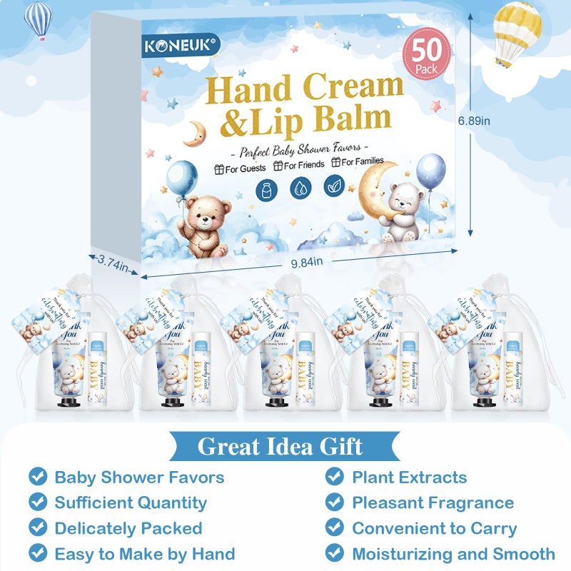 KONEUK 50 Pack Lip Balm and Hand Cream Bulk Gifts Sets, Baby Shower Party Favors and Bridal Shower Favors for Guests with Thank You Card and Organza Gift Bags, Thank You Gifts Bulk, Baby Shower Prizes (Bear) - Image 4
