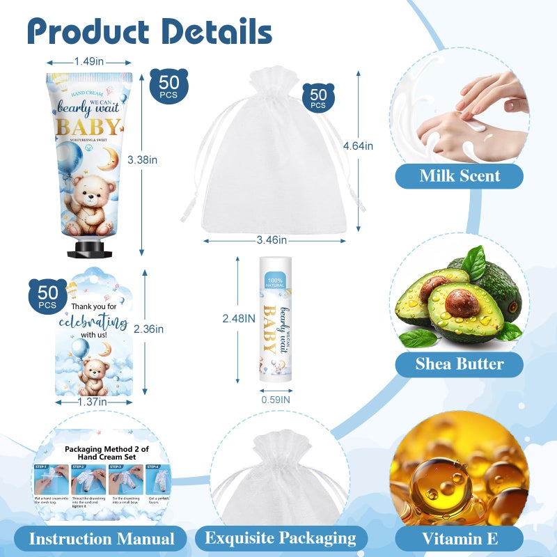 KONEUK 50 Pack Lip Balm and Hand Cream Bulk Gifts Sets, Baby Shower Party Favors and Bridal Shower Favors for Guests with Thank You Card and Organza Gift Bags, Thank You Gifts Bulk, Baby Shower Prizes (Bear) - Image 3