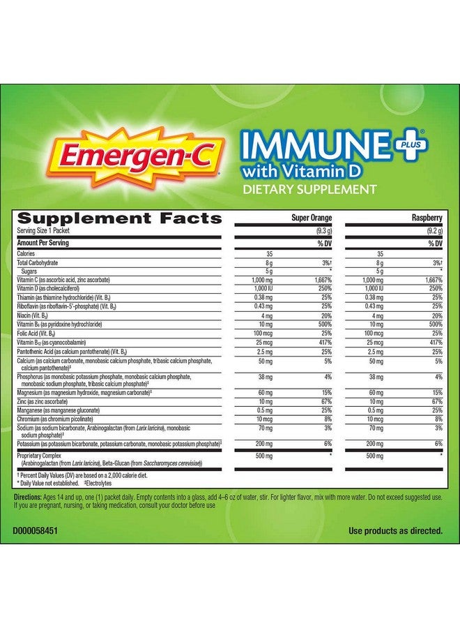 Emergen-C Immune+ System Support Dietary Supplement Drink Mix With Vitamin D, 1000mg Vitamin C - 70 packets (30 - Raspberry Flavor, 40 - Super Orange Flavor) - Image 2