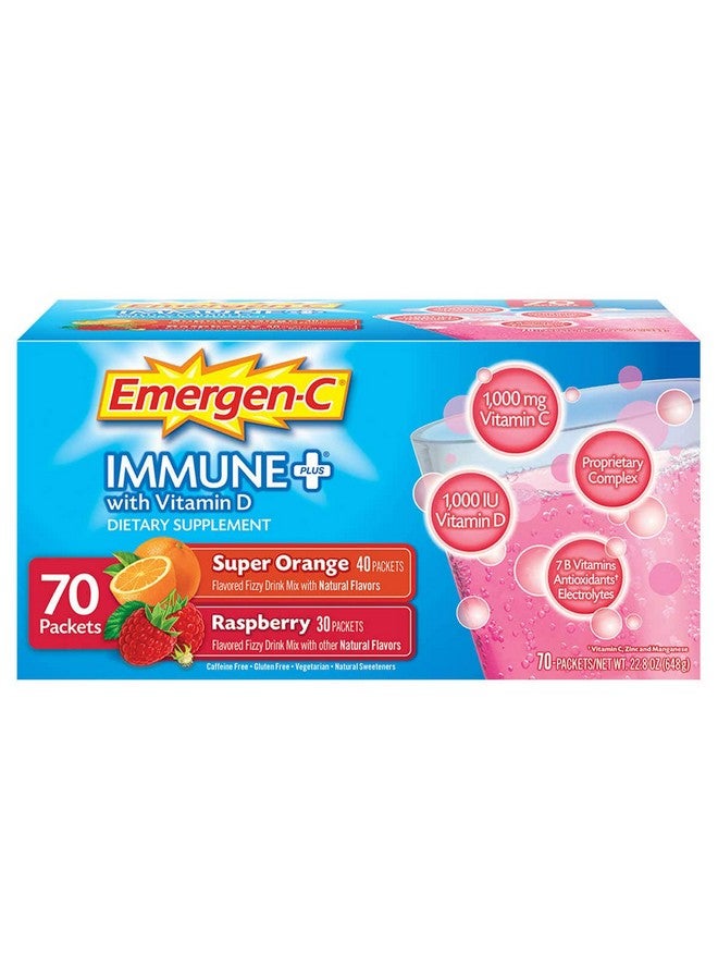 Emergen-C Immune+ System Support Dietary Supplement Drink Mix With Vitamin D, 1000mg Vitamin C - 70 packets (30 - Raspberry Flavor, 40 - Super Orange Flavor) - Image 1