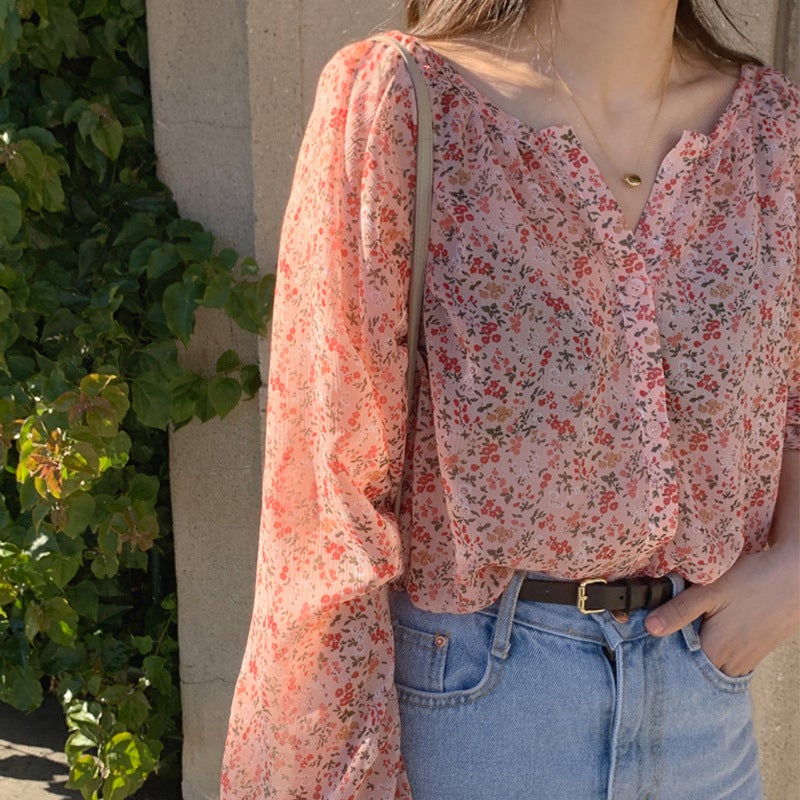Generic Chiffon Sunscreen Shirt Womens 2021 New T-shirt Womens Early Autumn Sweet Thin Shirt Womens Gentle Style Floral Top Picture Color