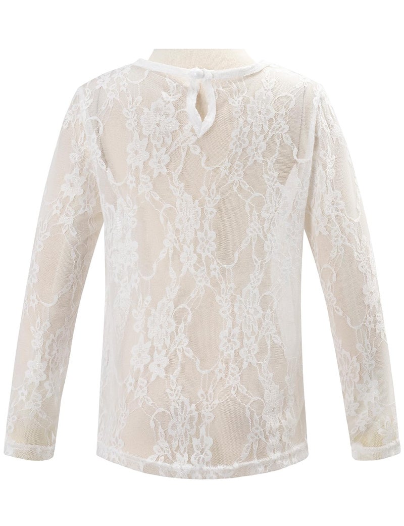 Noomelfish Girls Lace Long Sleeve Layering Tops Sheer Mesh Tee Shirts Blouse, Flower White, Size 5-6 Years - Image 4
