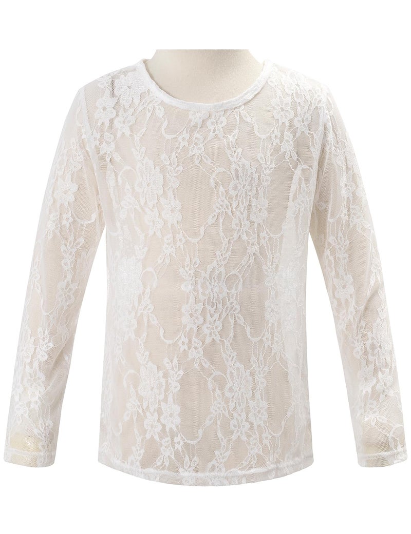 Noomelfish Girls Lace Long Sleeve Layering Tops Sheer Mesh Tee Shirts Blouse, Flower White, Size 5-6 Years - Image 3