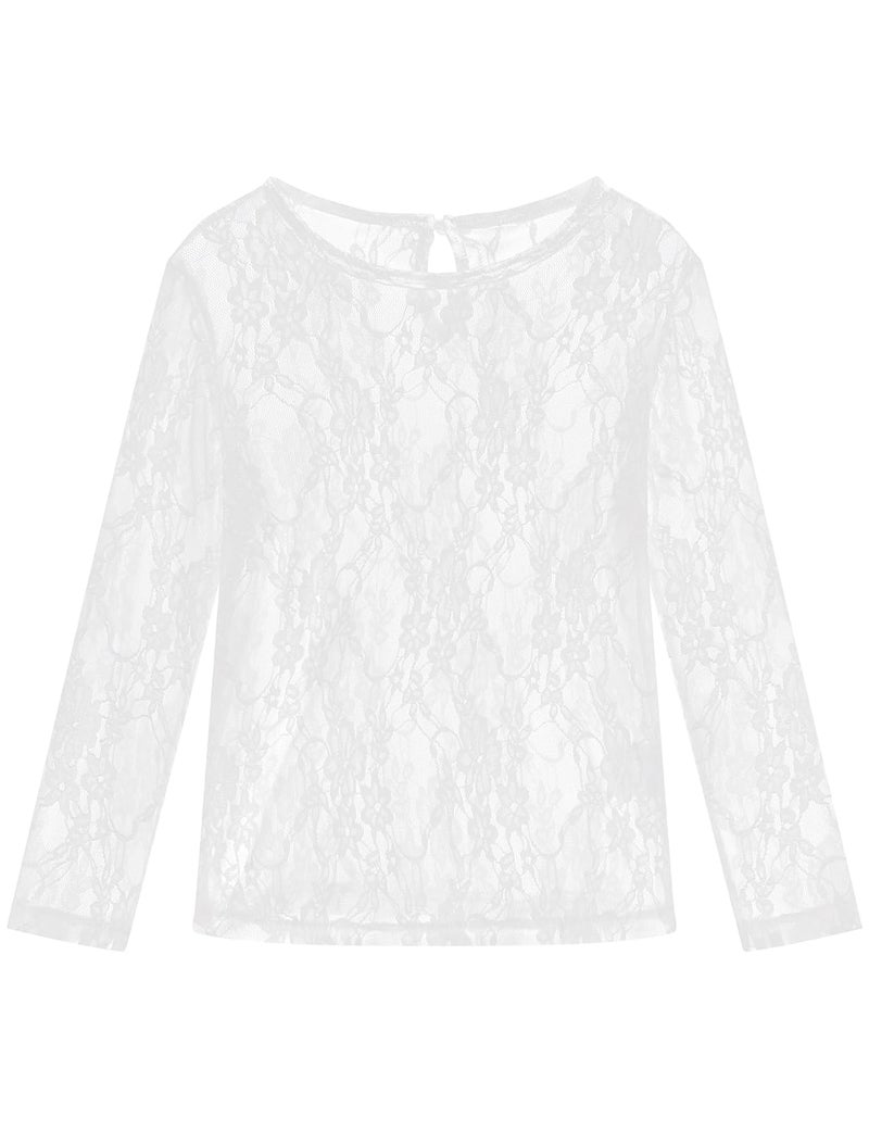 Noomelfish Girls Lace Long Sleeve Layering Tops Sheer Mesh Tee Shirts Blouse, Flower White, Size 5-6 Years - Image 1