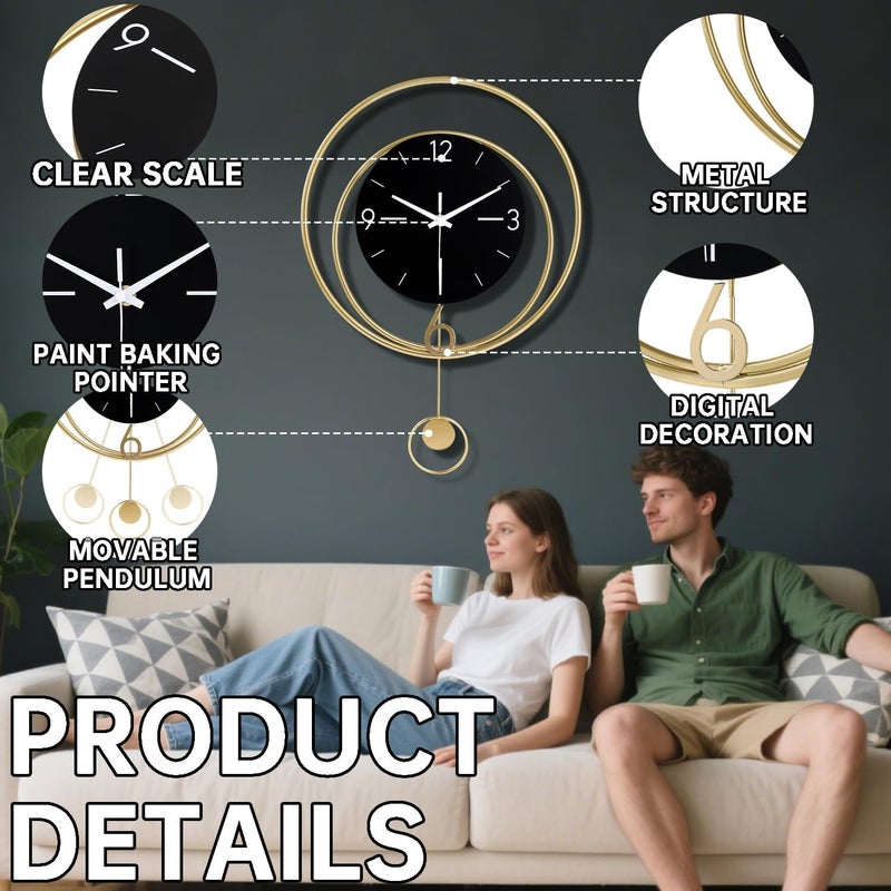 Dankeit Decorative Wall Clock, Silent Non-Ticking Quality Quartz Battery Operated with Pendulum, Large Wall Clock for Living Room Kitchen Home Bathroom Bedroom Wall Decor, 13x17Inch(Black) - Image 2
