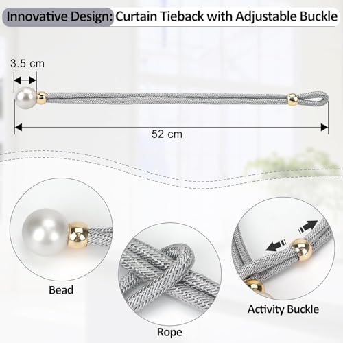 INOVERA (LABEL) 8 Pieces Curtain Holders Tieback - Adjustable Window Curtains Tie Rope - Drapery Hold-Backs Band for Office Home Decorative Accessories (Grey) - Image 2