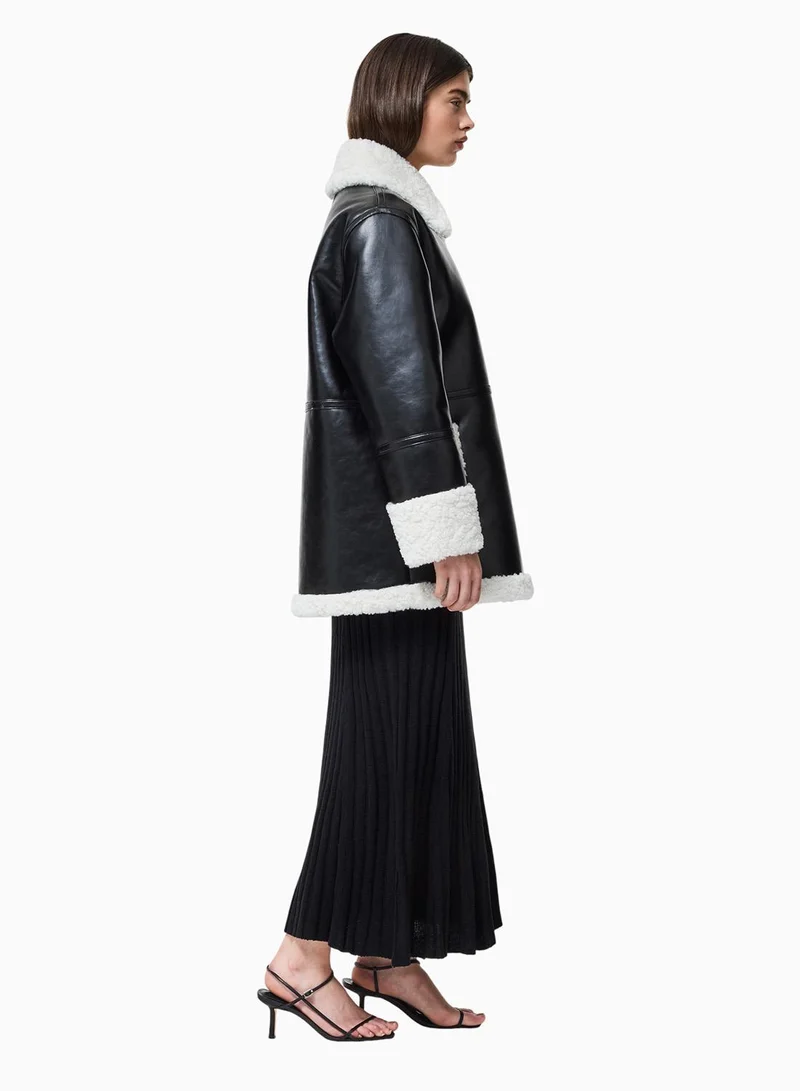 French Connection Black Cream Ajani Faux Fur Coat for Women | Best Price UAE