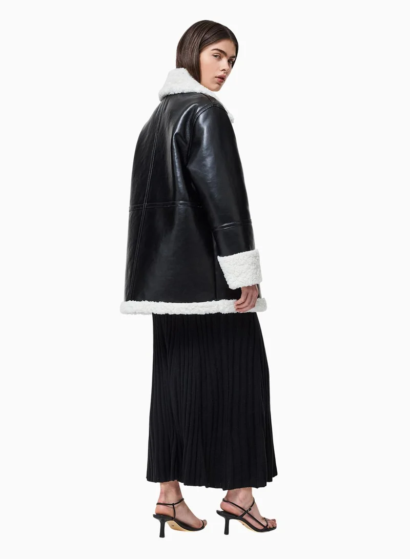 French Connection Black Cream Ajani Faux Fur Coat for Women | Best Price UAE