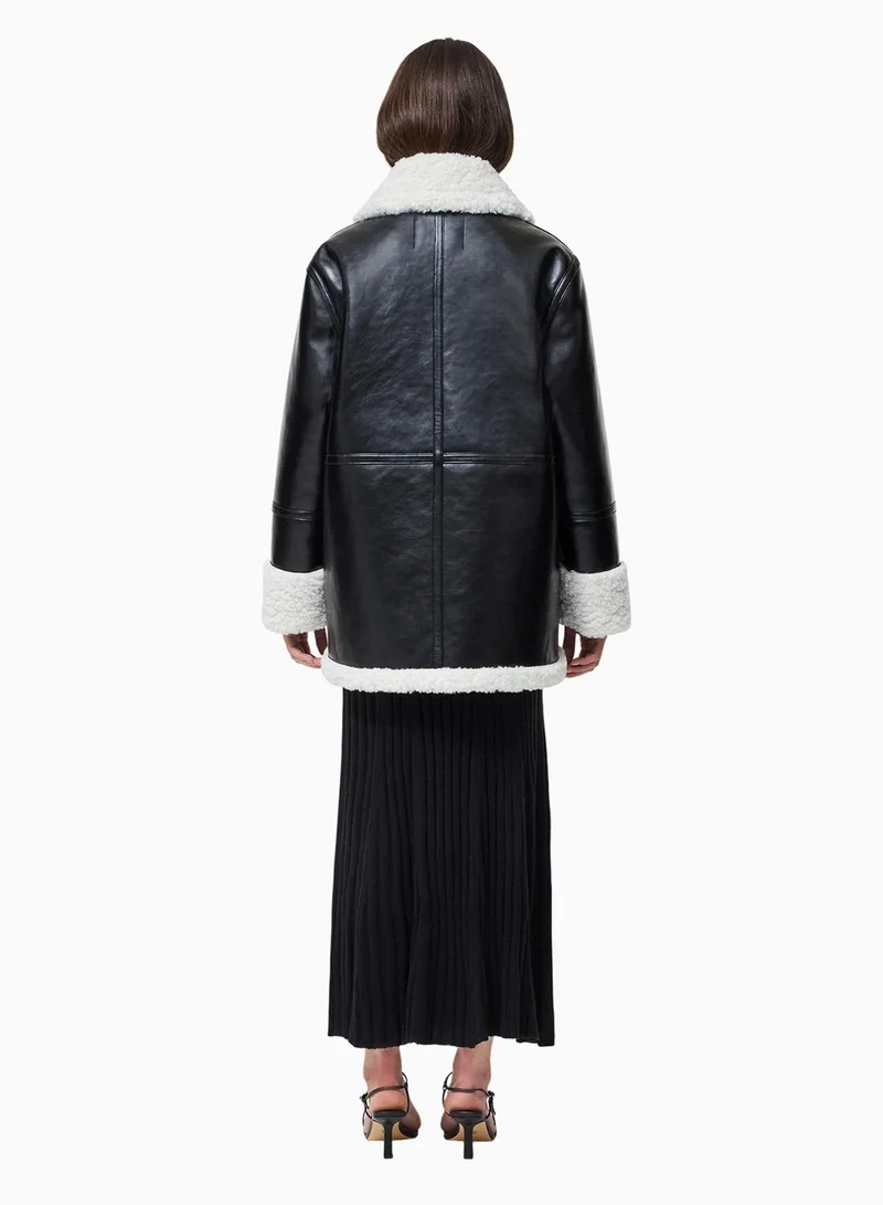 French Connection Black Cream Ajani Faux Fur Coat for Women | Best Price UAE