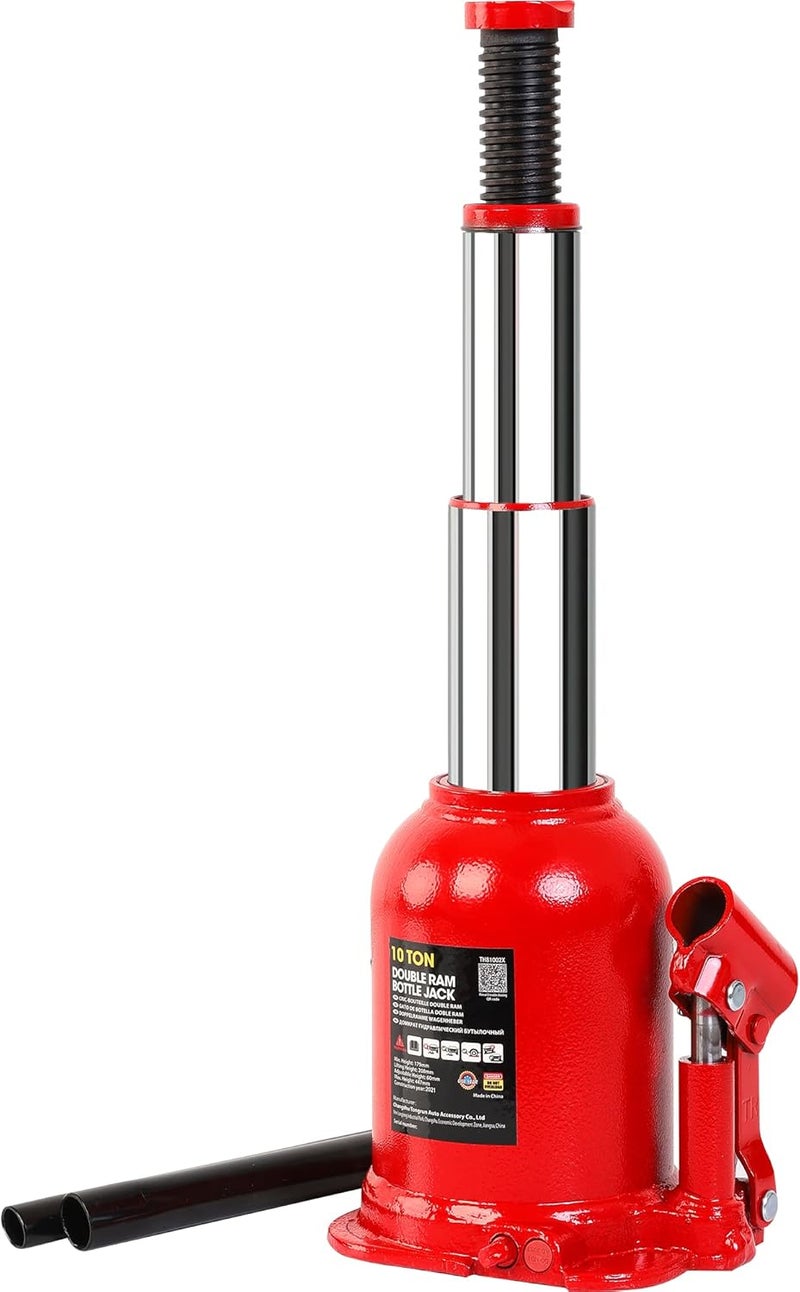 BIG RED 10 Ton Double Ram Welded Hydraulic Car Bottle Jack for Auto Repair and House Lift, Red - Image 1