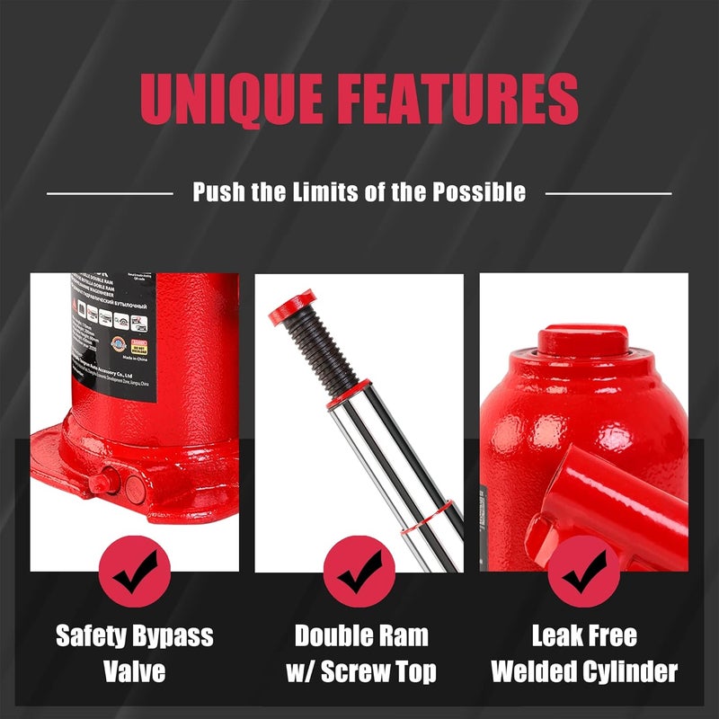 BIG RED 10 Ton Double Ram Welded Hydraulic Car Bottle Jack for Auto Repair and House Lift, Red - Image 3