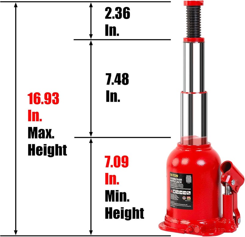 BIG RED 10 Ton Double Ram Welded Hydraulic Car Bottle Jack for Auto Repair and House Lift, Red - Image 2