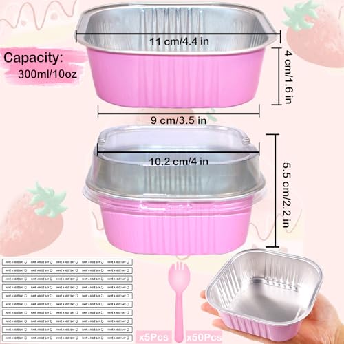 BZIDII 10oz Mini Cake Pans With Lids 50 Pack Aluminum Foil Square Brownie Baking Cups4x4 Disposable Loaf Pans With Lids and Spoons StickersLarge Cupcake Pans Muffin Cake Tins Cake ContainerPink - Image 3