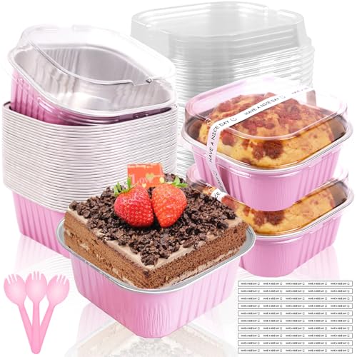 BZIDII 10oz Mini Cake Pans With Lids 50 Pack Aluminum Foil Square Brownie Baking Cups4x4 Disposable Loaf Pans With Lids and Spoons StickersLarge Cupcake Pans Muffin Cake Tins Cake ContainerPink - Image 1