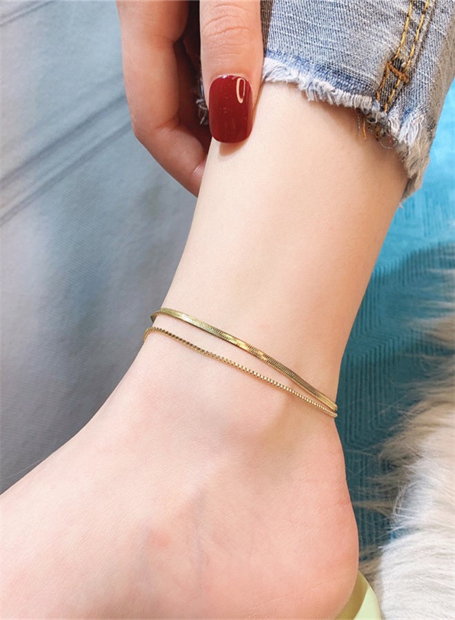 Girls Simple Titanium Steel Anklet Blade Box Chain Gold