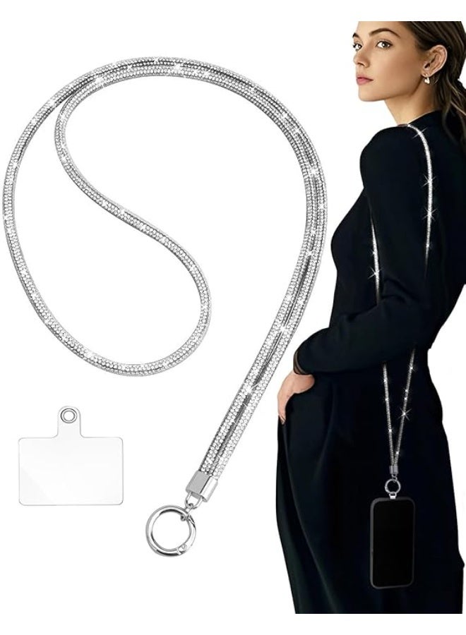 تين تك سلسلة موبايل عالمي كروس بودي مزينة بأحجار الراين ومقاومة للسرقة لامعة ووسادة تثبيت لمعظم الموبايلات وحامل رقبة مرصع بالألماس للنساء من تين تك – فضي - Image 1