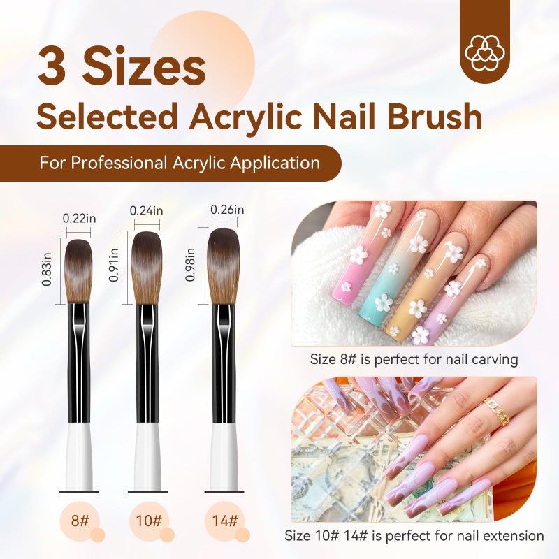 Saviland 3pcs Acrylic Nail Brush Set, Size 8/10/14 Kolinsky Acrylic Nail Brushes for Acrylics Application, Acrylics Powder Nails Art Extension with Black & White Handle for Beginner & Professional - Image 3