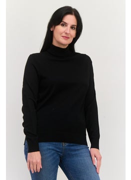 HUGO by Hugo Boss Women Mock Neck Textured Long Sleeves Sweater, Black  - Image 1