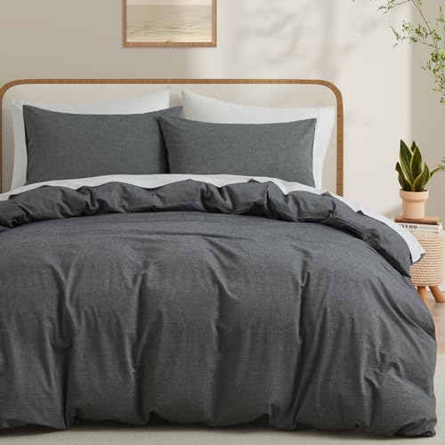 LOVQUE 100 Washed Cotton Duvet Cover Twin Size Grey FadeResistant Natural Bedding Set No Comforter 68x90 Inches