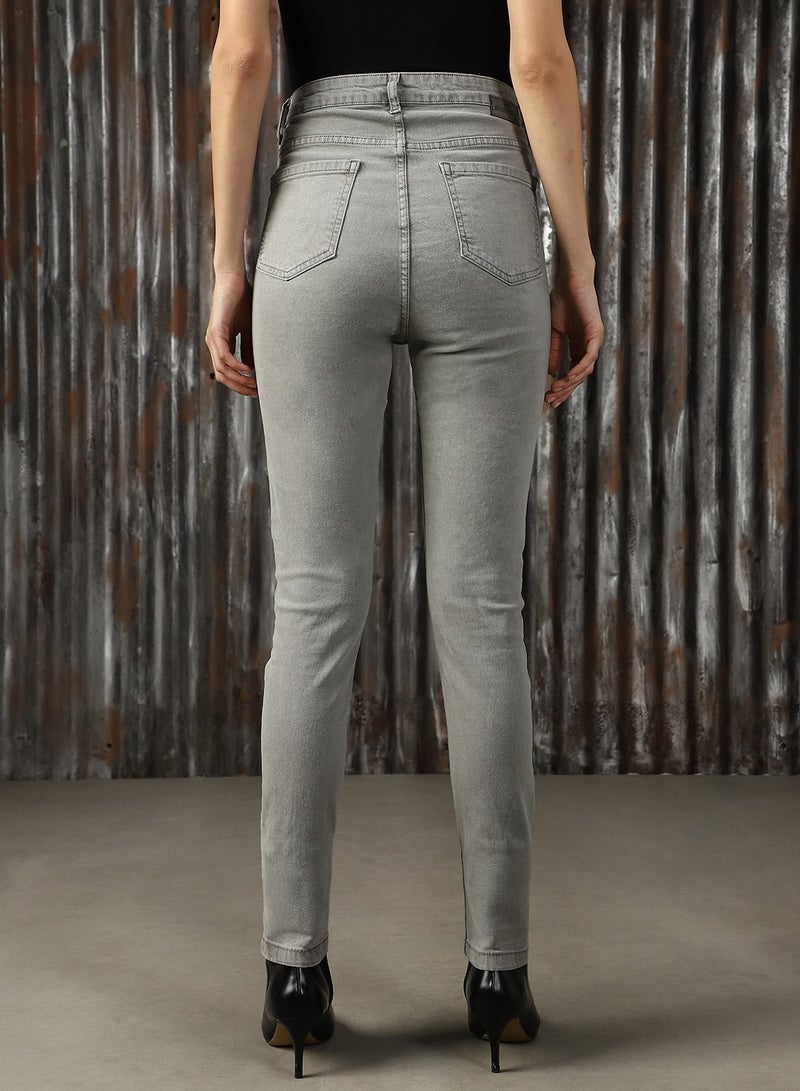 HIGH STAR Women's Grey Cotton Blend Distressed Jeans  - Image 4