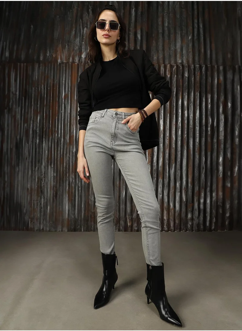 HIGH STAR Women's Grey Cotton Blend Distressed Jeans