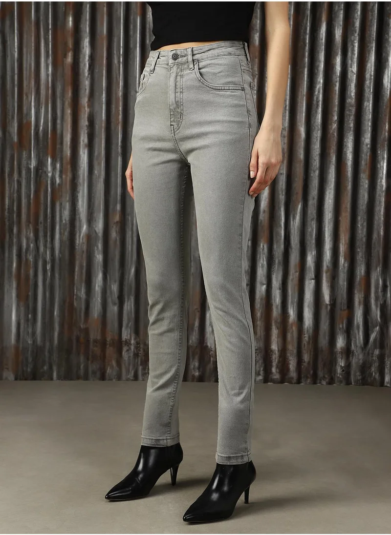 HIGH STAR Women's Grey Cotton Blend Distressed Jeans