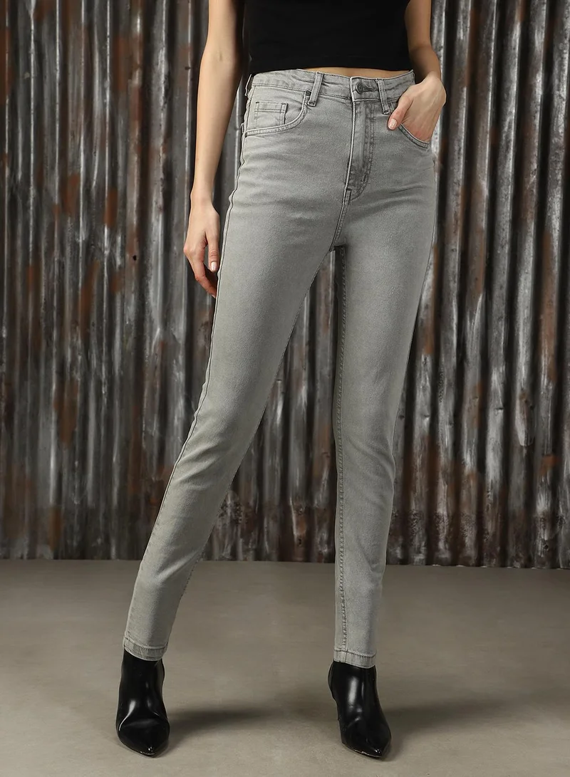 هاي ستار Women's Grey Cotton Blend Distressed Jeans