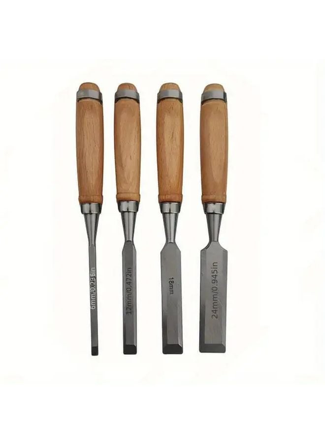 Blue Woodworking Chisel Set 4pc 45 Steel Carved Flat Carpenter Tool Beech Wood Handle - Image 1