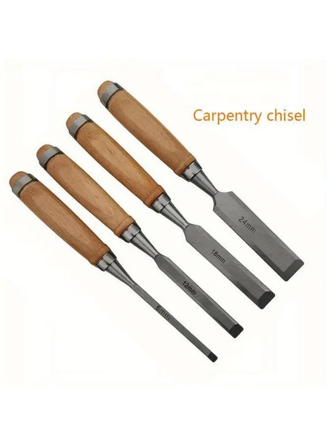 Blue Woodworking Chisel Set 4pc 45 Steel Carved Flat Carpenter Tool Beech Wood Handle - Image 2