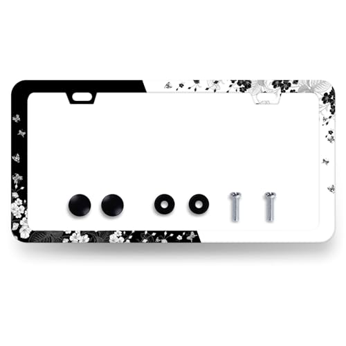 MUAWUOIK Black White Cherry Blossom License Plate Frame Beautiful Flowers License Plate Decoration Stainless Steel Floral License Plate Frame Cars Auto Parts Funny License Plate Holder 12x6 Inch - Image 1