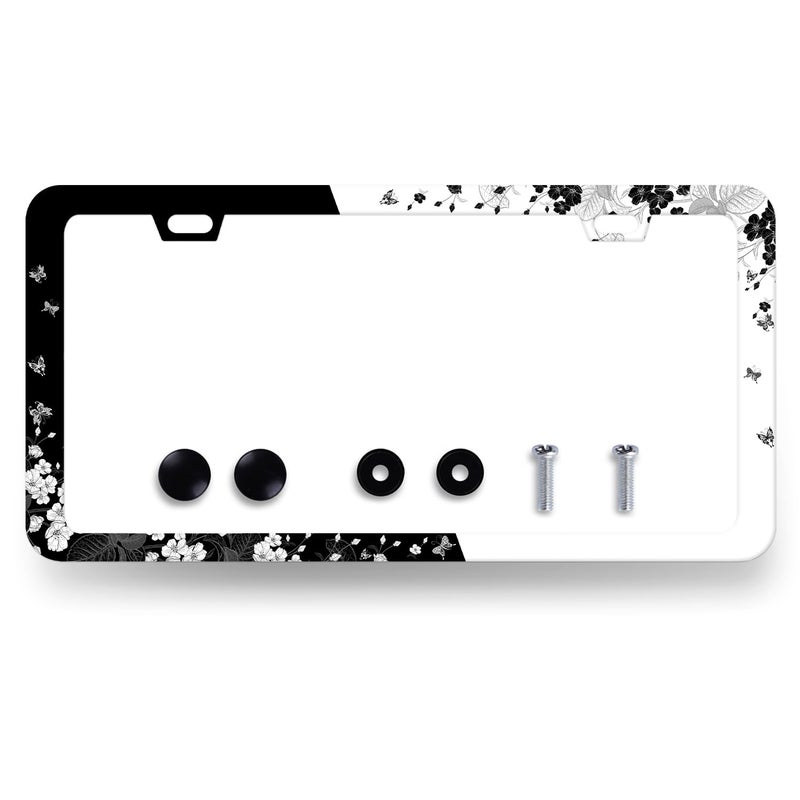 MUAWUOIK Black White Cherry Blossom License Plate Frame Beautiful Flowers License Plate Decoration Stainless Steel Floral License Plate Frame Cars Auto Parts Funny License Plate Holder 12x6 Inch - Image 3
