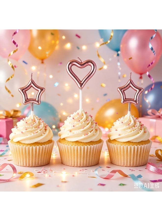 Chocisong 3PCS Pink Heart & Star Birthday Candles, Luxury Metallic Cake Decor Candles for Birthday, Wedding, Anniversary, Baby Shower & Family Celebration - Image 2