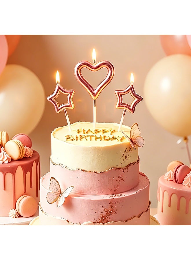 Chocisong 3PCS Pink Heart & Star Birthday Candles, Luxury Metallic Cake Decor Candles for Birthday, Wedding, Anniversary, Baby Shower & Family Celebration - Image 1