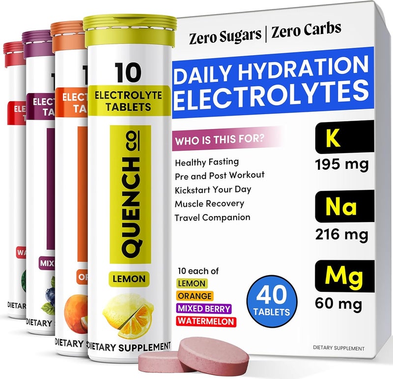 Quench Electrolyte Tablets 40 Count Instant Hydration Electrolytes Fasting Electrolytes No Sugar for Optimal Hydration Support Not Powder  Watermelon Orange Mixed Berry Lemon Flavors - Image 1