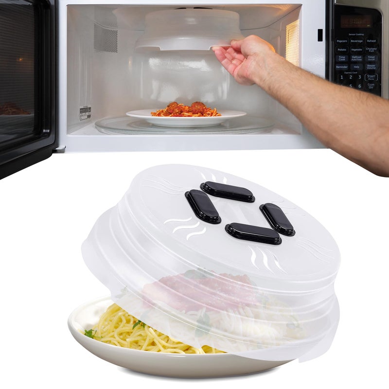 HOVER COVER Magnetic Splatter Cover, 10-Inch Clear BPA-Free Food Lid, Vented Plate Guard with Steam Vents, Anti-Splash Microwave Lid, Dishwasher Safe, Space-Saving Magnetic Storage - Black - Image 1