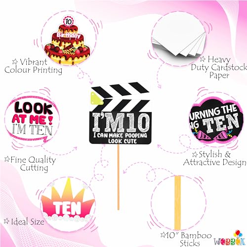 WOBBOX Tenth Birthday Photo Booth Party Props Pink for Baby Girl, 10th Birthday Decorations for Girl, Kids Birthday Party Decoration Items - Image 4