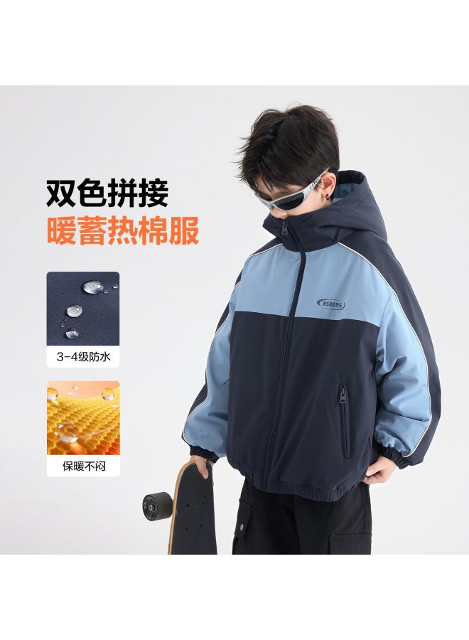 Boys' Winter Color-block Waterproof Hooded Jacket,  New Children's Padded Thickened Down Coat