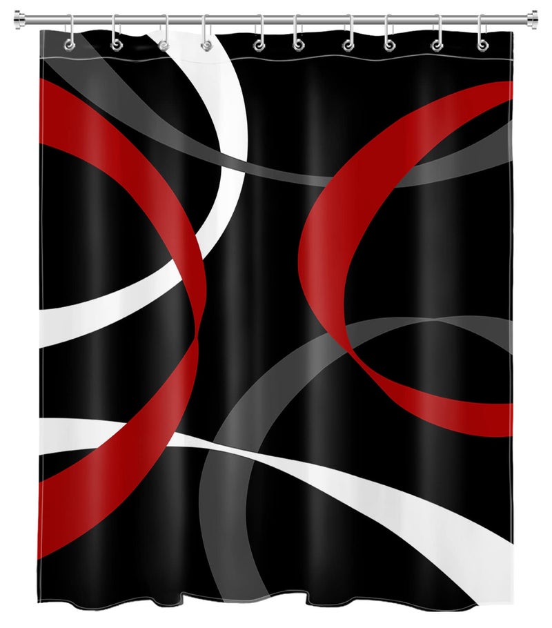 LB Abstract Geometric Shower Curtain for Bathroom,Red Grey and White Striped on Black Background Fabric Shower Curtain with Hooks,Modern Aesthetic Bathroom Curtains Shower Set,60x72 inches - Image 2