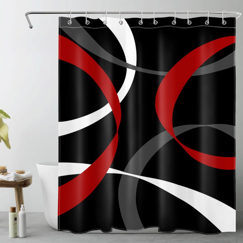 LB Abstract Geometric Shower Curtain for Bathroom,Red Grey and White Striped on Black Background Fabric Shower Curtain with Hooks,Modern Aesthetic Bathroom Curtains Shower Set,60x72 inches - Image 1