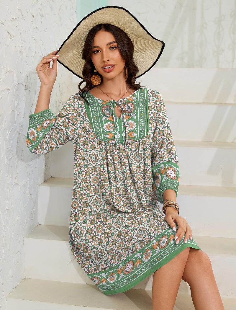 Eddoyee Womens Summer Casual Dresses 3/4 Sleeve Boho Floral Dress V Neck Flowy Sun Dress for Beach Vacation Green Flower - Image 5