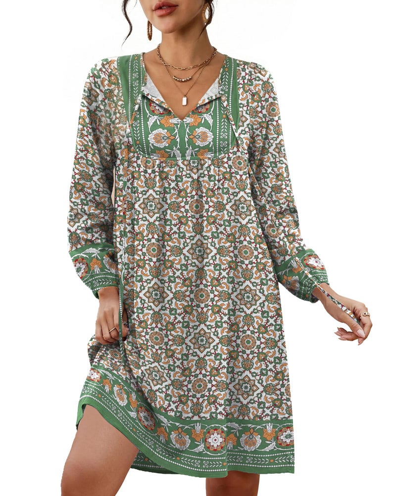 Eddoyee Womens Summer Casual Dresses 3/4 Sleeve Boho Floral Dress V Neck Flowy Sun Dress for Beach Vacation Green Flower - Image 1