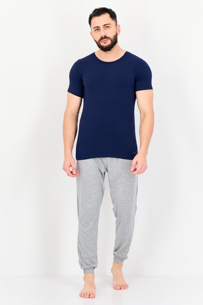 sloggi Men 2 Pieces Round Neck Short Sleeve Brand Logo Undershirt, Navy - Image 4