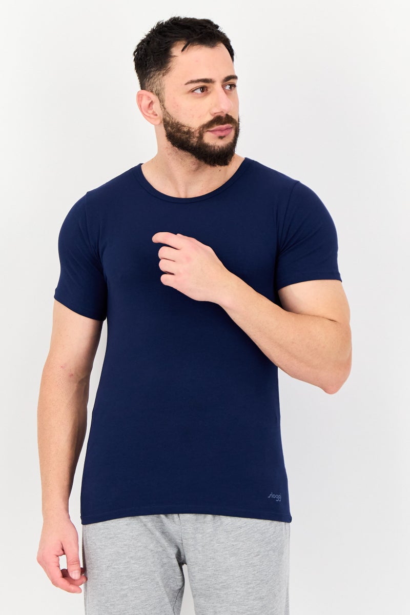 sloggi Men 2 Pieces Round Neck Short Sleeve Brand Logo Undershirt, Navy - Image 1