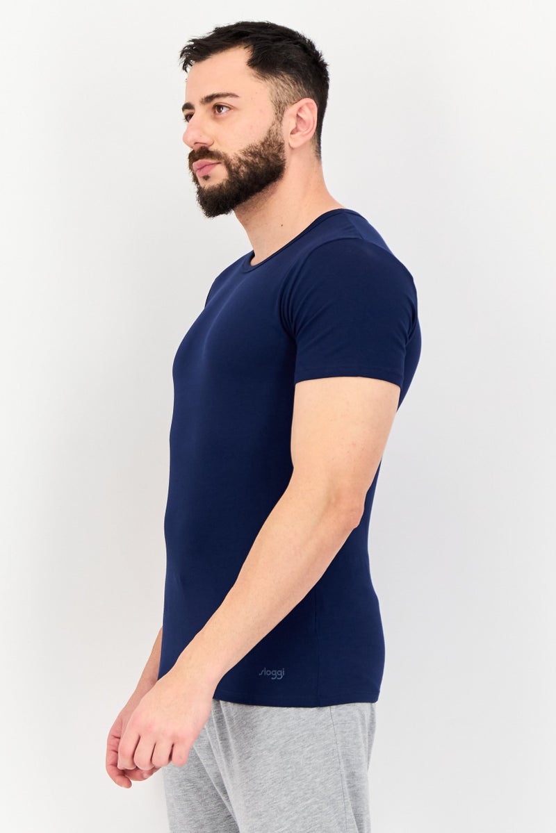 sloggi Men 2 Pieces Round Neck Short Sleeve Brand Logo Undershirt, Navy - Image 2