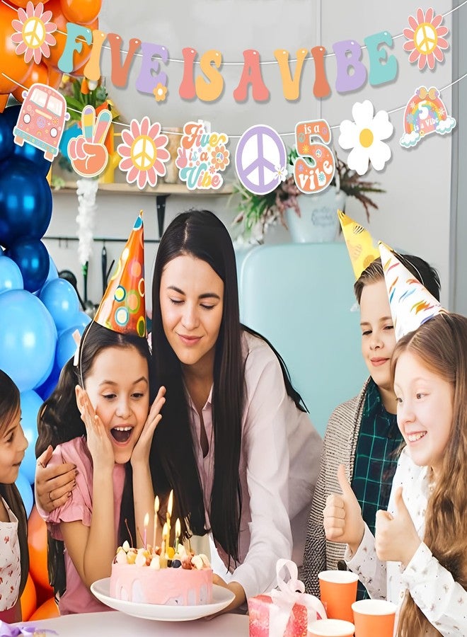 Fangleland Five Is A Vibe 5th Birthday Banner Decorations for 5 Year Old Girl - Boho Hippie Theme Birthday Garland Bunting, Daisy Flower 60s 70s Retro Groovy 5th Bday Party Supplies - Image 4