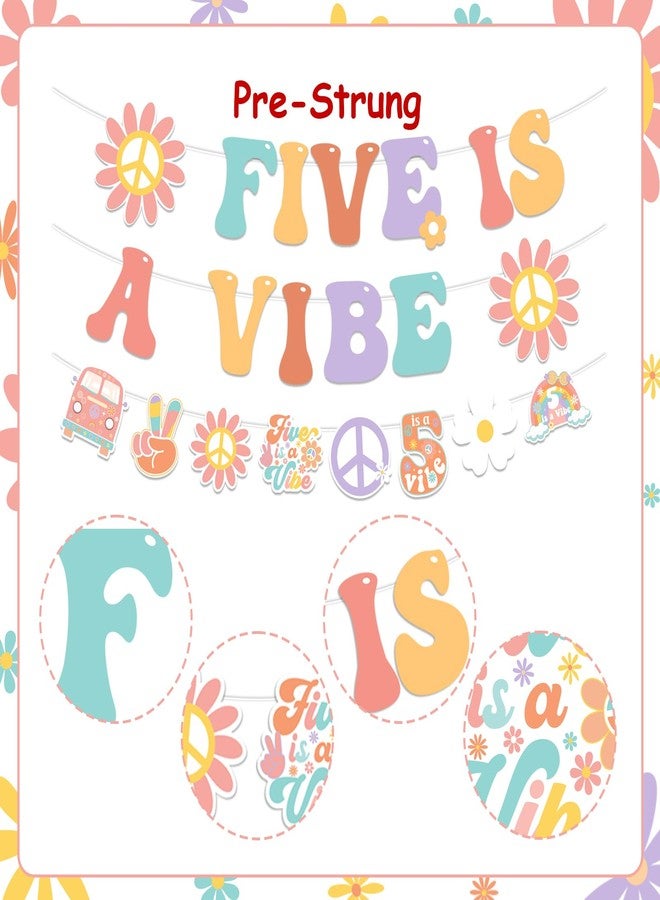 Fangleland Five Is A Vibe 5th Birthday Banner Decorations for 5 Year Old Girl - Boho Hippie Theme Birthday Garland Bunting, Daisy Flower 60s 70s Retro Groovy 5th Bday Party Supplies - Image 5